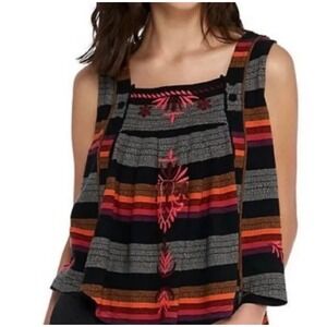 Free People Vintage Striped Swing Tank Top Embroidered Square Neck Large Boho